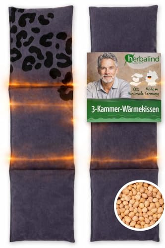 HERBALIND Kirschkernkissen 50x15 cm 3-Kammer LEO – 630gr Kirschkerne & 100% Baumwolle - Natürliches Wärmekissen Mikrowelle & Backofen – Wärmflasche Handmade in Germany
