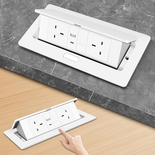 Recessed Desktop Power Socket with 2 UK Outlets, 1 RJ45, USB-A & Type-C Ports, Hidden pop-up design with brushed aluminium cover, perfect for modern kitchens, offices, and meeting tables. (White)