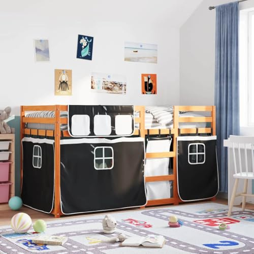 GeenYuu Etagenbett aus massivem Kiefernholz, 75x190 cm, mit Vorhängen in Weiß & Schwarz, sichere Bettrahmen für Kinderzimmer, langlebige Schlafzimmermöbel