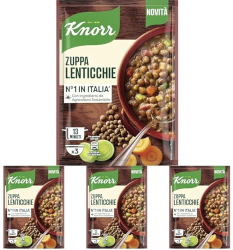 Knorr Zuppa Lenticchie, Piatti Pronti Knorr con Verdure da Agricoltura Sostenibile, Senza Coloranti, Ricco di Fibre, ad Alto Contenuto di Proteine, 133 g (Confezione da 4)