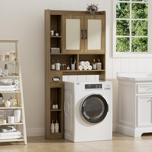 BonVache Lavadora con 2 puertas, estantes ajustables, lavadora con compartimento lateral para toallas de papel y 6 compartimentos abiertos, para baño, inodoro y lavandería, color nogal