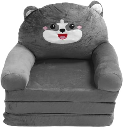 PxQuerantic Offenes, leichtes 2-in-1-Lounge-Sofa für Kinder, ausziehbare Schlafcouch, Faltbarer Kindersofa-Stuhl mit grauem Cartoon-Hunde-Design, bequemes Schwammmaterial zum Lesen im (3 Schichten)