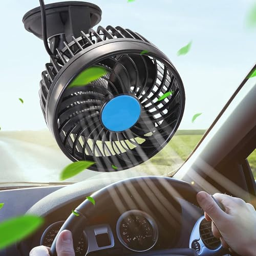 Auto Ventilator mit Saugfuß, Car Fan 12V mit Stufenloser Geschwindigkeit, Saugnapf-Lüfter Kühlsystem 360° Einstellbar, 4.5 Leiser Elektrolüfter für LKW, Van, SUV, Wohnmobil, ATV und Boote