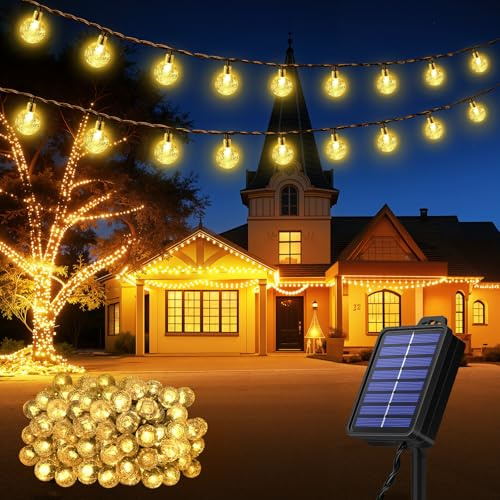 Realky Guirnaldas Luces Exterior Solar, 100 LED 18M Guirnalda Luces Solares con Función de Memoria, 8 Modos IP65 Impermeable Cadena de Luz Solar para Jardín, Patio, Navidad, Fiesta - Blanco Cálido