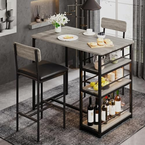 Koioplie Bartisch-Set mit Ablage, Tresen-Set 1 Tisch 2 Barhocker, Kücheninsel-Tisch mit Aufbewahrungsregal, gepolsterte Barstühle mit Rückenlehne und Fußablage, pflegeleicht, einfache Montage, Grau