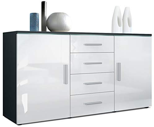 Vladon Sideboard Faro V1 - Kommode mit 2 Türen & 4 Schubladen, Schrank mit LED Lichtleiste, Anthrazit matt/Weiß Hochglanz (138,5 x 75,5 x 35)