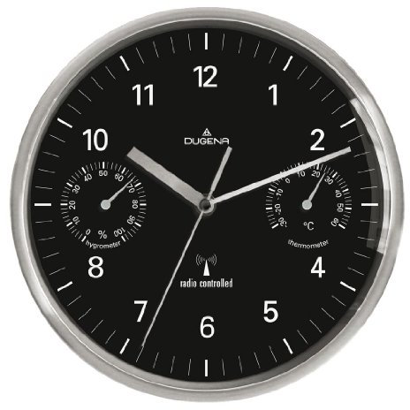 DUGENA Funk-Wanduhr 4277406, Quarzwerk, mit Thermo- und Hygrometer, schwarzes Zifferblatt, Edelstahlgehäuse