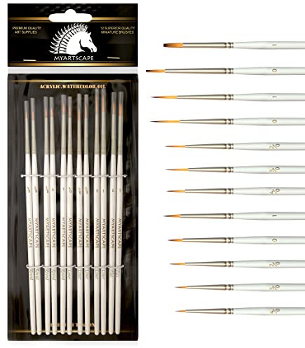 MyArtscape Artist Supplies Miniature Paint Brushes, Set of 12 for Detail & Fine Point Painting - use with Acrylic, Watercolor, Oil, Gouache - for Pinstriping, Models & Lettering