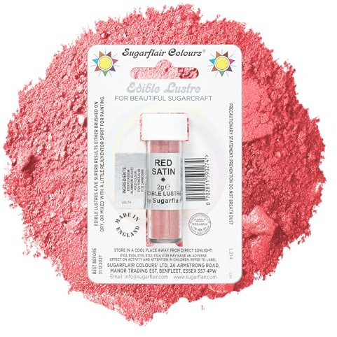 Sugarflair Red Satin Edible Lustre Dust, Add a Lustrous Shine to Cakes or Decorations. Brush On or Add Rejuvenator to Create Eye-Catching Edible Paint, Gives Shine to Your Bakes - 2g