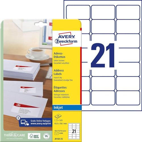 Weiße QuickDry Etiketten für Avery Adressen, 63,5 x 38,1 mm, 21 et/ff - J8160-25 (25), Code J8160-25