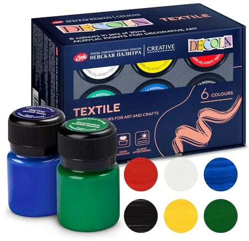 Decola Fabric Paints Permanent for Clothes | 6 x 20 ml Waterproof & Permanent-Fabric & Textile Paints, Including Red, Blue, Green, Black, White, Yellow | Made by Nevskaya Palitra