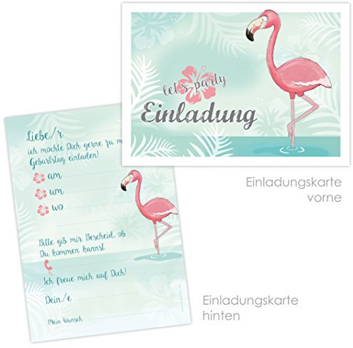 emufarm 10 Einladungskarten mit niedlichem FLAMINGO zum Kindergeburtstag für Mädchen und Jungs, Kindergeburtstag Einladungskarten für die Gartenparty, Poolparty, Sommerparty