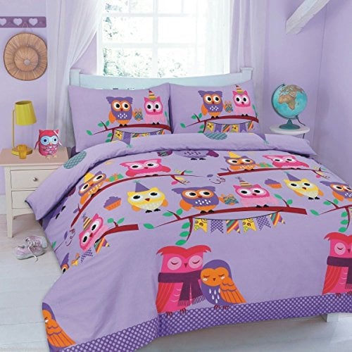 Goldstar® Cute Owl Cot Bed Size Duvet Quilt Cover Printed Bedding Set With Pillow Case (Purple)