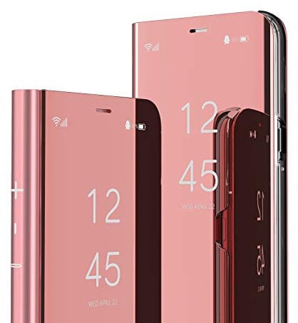 HMTECH iPhone 8 / 7 Case Clear View Window Electroplate Plating Stand Mirror Flip Ultra Slim Thin Full Body Wallet Kickstand Bookstyle Cover for iPhone 8/7 4.7 Inch,Mirror PU Rose Gold