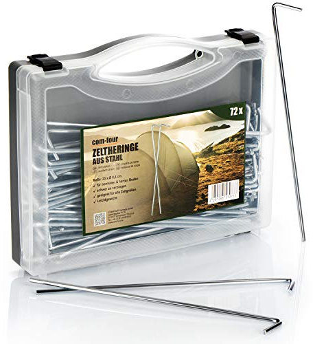 COM-FOUR® Piquetas de Acero 72x con Caja para Guardar - piquetas de Suelo largas y robustas para Acampar y al Aire Libre - Ideales para Suelo Normal - Ø 4 mm