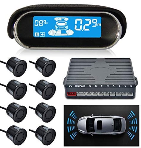 Sunwan N8P4L - Sensore di parcheggio per auto Dual-Core, vista anteriore e posteriore con display LCD, sistema radar di retromarcia, 4 voci, commutabile con 8 sensori neri