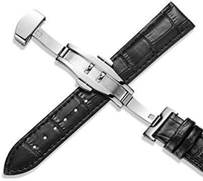 Moonbaby Edelstahlfaltschließe Universal Leder-Uhrenarmband 20mm 22mm 12-24mm Schwarz 19mm