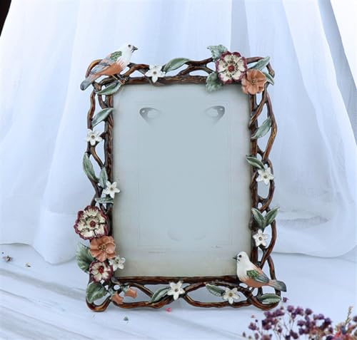 Cozomiz Bilderrahmen Vintage Barock antik Landhausstil Nostalgie Aufsteller Handgefertigtes Harz Portraitrahmen Fotorahmen Fotoaufsteller für die Inneneinrichtung 10x15cm Rechteckige Vögel lila
