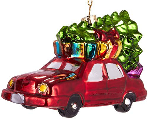 BRUBAKER Auto mit Weihnachtsbaum auf dem Dach Rot - Handbemalte Weihnachtskugel aus Glas - Mundgeblasener Christbaumschmuck Figuren lustig Deko Anhänger Baumkugel - ca. 12 cm