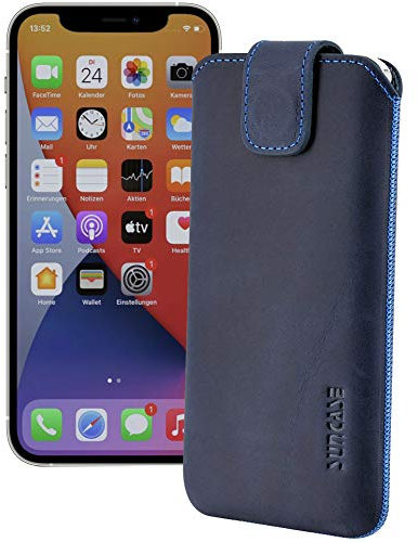 Suncase ECHT Ledertasche Leder Etui *Slim-Edition* kompatibel mit iPhone 12 Pro Max (6.7) Hülle (mit Rückzugsfunktion und Magnetverschluss) in Pebble-Blue