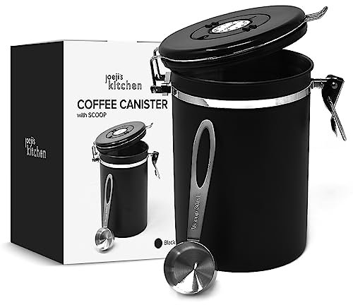 joeji's Kitchen Kaffeedose Luftdicht 1,8L - Kaffeebohnen Behälter aus Edelstahl - Vakuum Aromadicht mit Messlöffel - Vorratsdose fur Tee Kakao - Halten Sie Aromen Lange und Frisch (Schwarz)