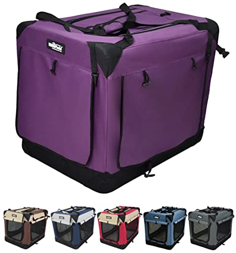 EliteField 4-Door Folding Soft Dog Crate with Curtains, Carrying Bag and Fleece Bed (2 Year Warranty), Indoor & Outdoor Pet Home (30 L x 21 W x 24 H, Purple+4 Door Curtains)