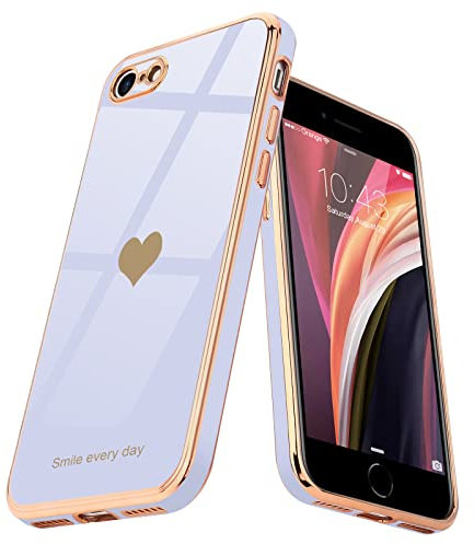 Teageo for iPhone SE 2022 Case iPhone 8 iPhone 7 iPhone SE 2020 Phone Case Cute Heart Pattern for Women Girls Slim Luxury Bling Plating Soft TPU Shockproof Bumper for iPhone 7/8/SE 2/SE 3, Purple