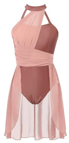 Jowowha Damen Ballettkleid Neckholder Eiskunstlauf Kleid Ballettanzug mit Asymmetrisch Rock Ballett Trikot Tanzbody Modern Lyrisch Tanzkleid Aprikose S