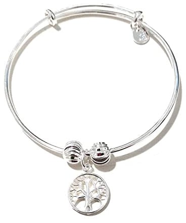 Bracciale con Pendente Albero della Vita tra due Perle. Rigido Regolabile. Bagno d'argento.