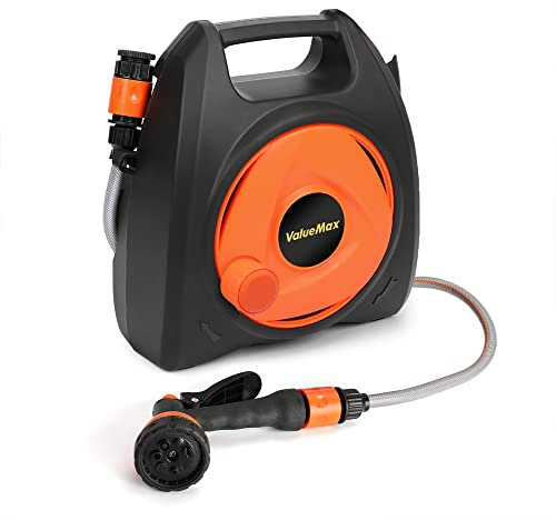 ValueMax Garden Hose Reel with 10M Hose Portable and Wall Mounted Hose Reel with Adjustable 7 in 1 Spray Nozzle Compact and Lightweight Hose Reel, Black and Orange (V158003AU)