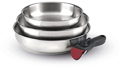 Qulinart by Brandt - Batería de cocina con inducción de 4 piezas, juego de 3 sartenes de acero inoxidable, 20, 24 y 26 cm, con mango extraíble, acero inoxidable, juego para todo fuego, sin PFOA,