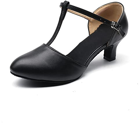 MSMAX Dance Pumps T-Strap Character Latin Heels Black Wedding Shoes 5 M US Women