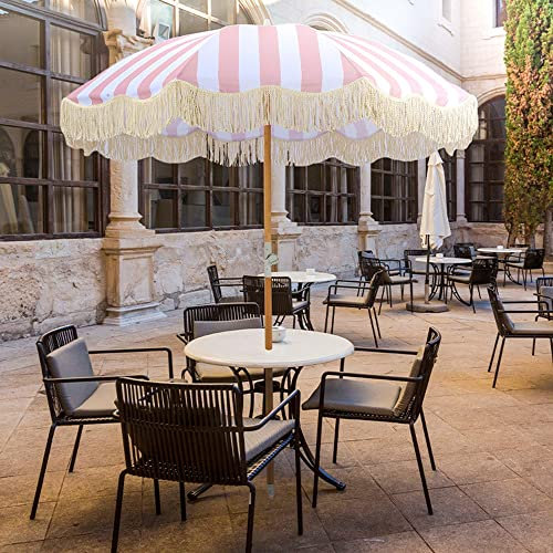 Φ2M Gestreifter Strand-Sonnenschirm-Regenschirm Weiß + Rosa Neigbarer Innenhof-Gartenschirm mit Quaste Retro-Luxus-großer runder Regenschirm-Sonnenschutz |Schatten |Wasserdichte Terrasse/Meer/Balkon