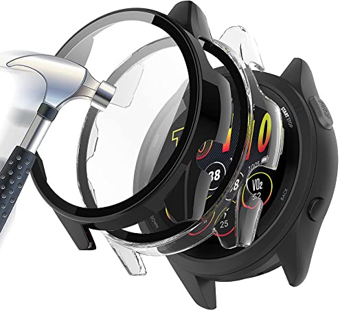 Acadeny 2-Stück Hülle Mit Gehärtetes Glas Displayschutz Kompatibles für Garmin forerunner 265,9H Härte 360° Rundum Schutzhülle Ultradünne Schutz PC Case Cover,schwarz +Transparent