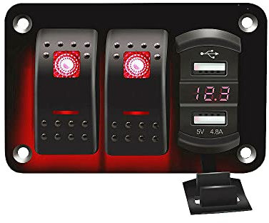 Riloer Pannello interruttore combinato a 2 moduli, 12 V/24 V, per barche, auto, camper, camion, doppia presa USB, interruttore a bilanciere, pannello di controllo, con luce LED blu/rosso/verde
