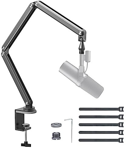 FULAIM Brazo de micrófono de aluminio compatible con RODE, soporte de micrófono ajustable para Shure, mic arm con adaptador de 3/8 - 5/8 para Game Streaming Podcast Broadcast Interview (Gris)