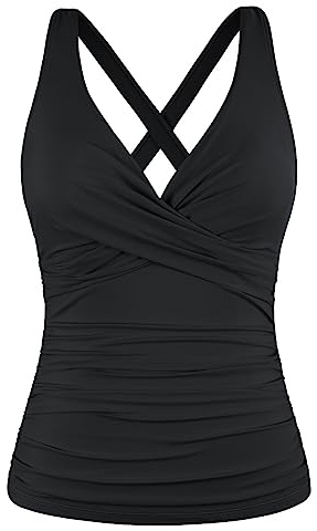 Hilor Tummy Control Tankini Tops for Women Big Busted Women Black Underwire Push Up Swimsuit Crossover Swim Top 12