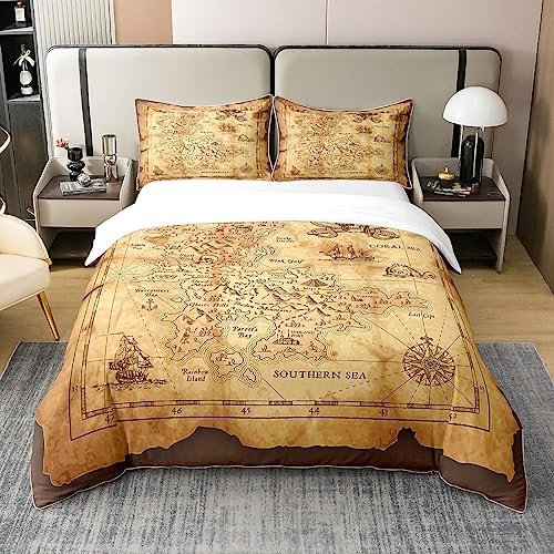 Nautische 100% Baumwolle Bettbezug,Vintage Karte Tröster Abdeckung Pirate Boot Segeln Quilt Cover,Schädel Kompass Bettwäsche Set Mann Kind Schlafzimmer Dekor 200x200,Braune Bettwäsche Sammlung