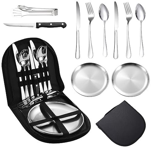 Campingbesteck Set für 2 Personen, Tragbares Edelstahl Outdoor Geschirr Set für Camping, Picknick und Reisen, mit Messer, Gabel, Löffel und Teller in Tragetasche (für 2 Personen)