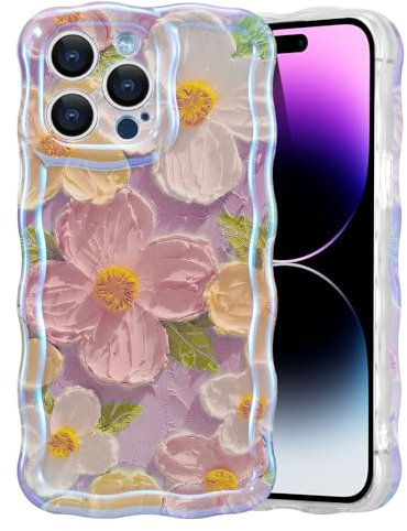 EYZUTAK Case for iPhone 15 Pro Max, Colorful Retro Oil Painting Flower Laser Beam Glossy Pattern Cute Curly Wave Border Exquisite Phone Cover Stylish Durable TPU Protective Case for Girls Women - Pink