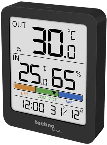 techno line WS 9488 Funk-Thermo-Hygrometer mit Außensensor | Innen- & Außentemperatur | Luftfeuchtigkeit | Komfortanzeige | Max/Min-Speicher | Uhr | Kalender | Hintergrundbeleuchtung