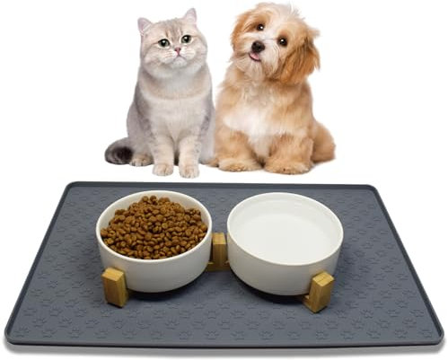 Nesirooh Cat Dog Bowls Ceramic, Double Feeding Bowl, Food Water Bowl with Bamboo Stand and Non-Slip Mat for Cats and Small Dogs (400ml, 2-White)