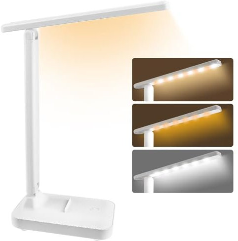 UKOFEW Lámpara Escritorio Led, Flexo Lamparas de Mesita de Noche, Plegable Lampara de Mesa, Ajustable Lamparas sin Cables 3 Modos y Atenuación Anómala para Cama,Oficina,Leer,Estudiar,Nocturna(Blanco)