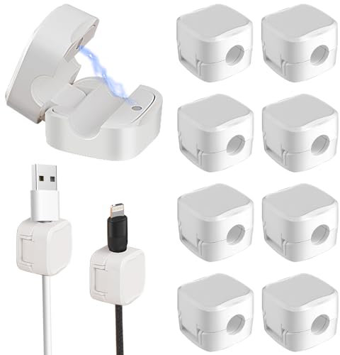 8 Pcs Cord Organizer Holder, Magnetic Cable Clips Cable Management, Adhesive Desk Wire Holders Cables Keeper for Charging Cable Home Office Car Wall (White)