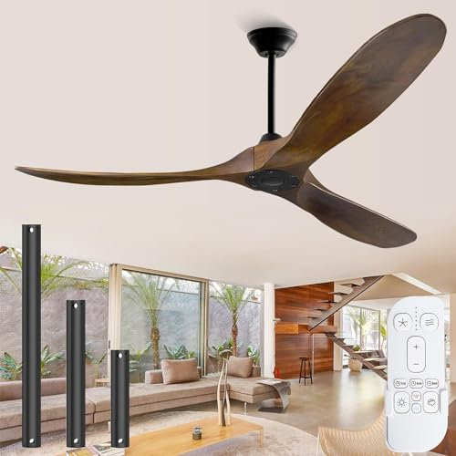 Ventilatore da soffitto senza luci, ventilatore da soffitto esterno per patio, ventilatori da soffitto in legno da 132 cm con telecomando, 3 pale nominale umido, grande flusso d'aria per interni ed
