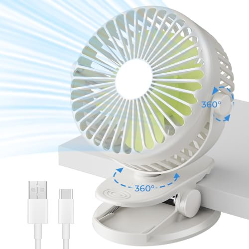 Gofady Clip Fan, USB Rechargeable, 360° Rotation 3 Speeds Desk Fan, Portable Stroller Table Fan, Quiet Battery Cooling Fan for Camping, Bed, Traveling, Pram, Office, Car (White)