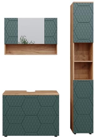 Vicco Badmöbel-Set Irma, Goldkraft Eiche/Grün, 3 Teile, mit Spiegelschrank 80 cm