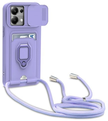 Dllatui Funda Compatible con Xiaomi Redmi Note 13 Pro 4G/Poco M6 Pro 4G,Cuello Cordón Carcasa Silicona Suave,Ranura con Tarjetas,Carcasa Cubierta cámara Deslizante Proteger, Anillo Soporte (Púrpura)