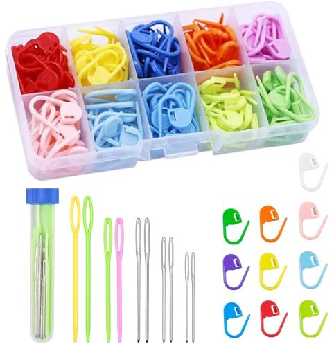 Vytung Maschenmarkierer, 120 Stück Häkel-Maschenmarkierer,10 Farben Maschenmarkierer Häkeln,10 Stück Nähnadeln mit großem Öhr,mit Aufbewahrungsbox für DIY Häkel-Bastelprojekte