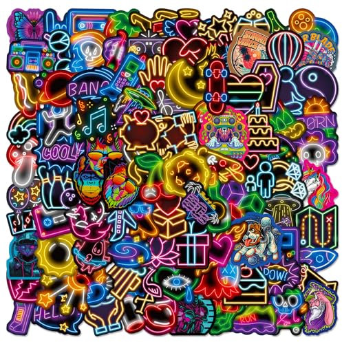 slothbyte Aufkleber 100 Stück Neon Sticker Set Wasserfeste Vinyl Sticker Decals Coole Graffiti Sticker für Laptop Skateboard Scrapbook Trinkflasche Handy Tagebuch Tassen Moped Fahrrad Koffer usw